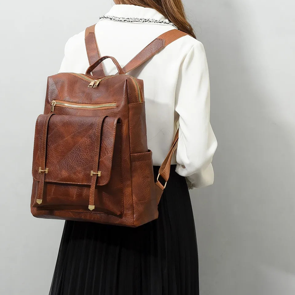 Trendy Women's Vintage PU Leather Backpack - Brown Daypack, Casual Travel and Retro Student School Bag