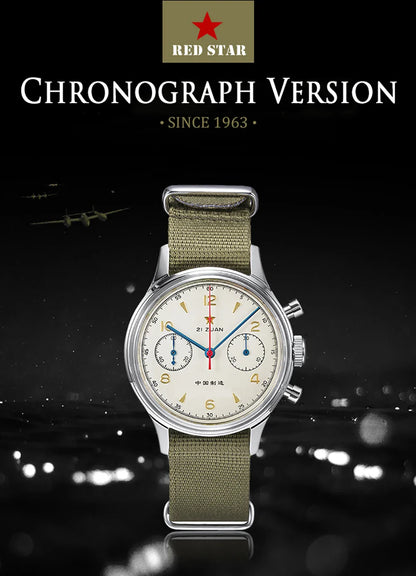 RED STAR 1963 Men's Chronograph Watch - 38mm Pilot Design with Seagull ST1901 Movement & Sapphire Glass