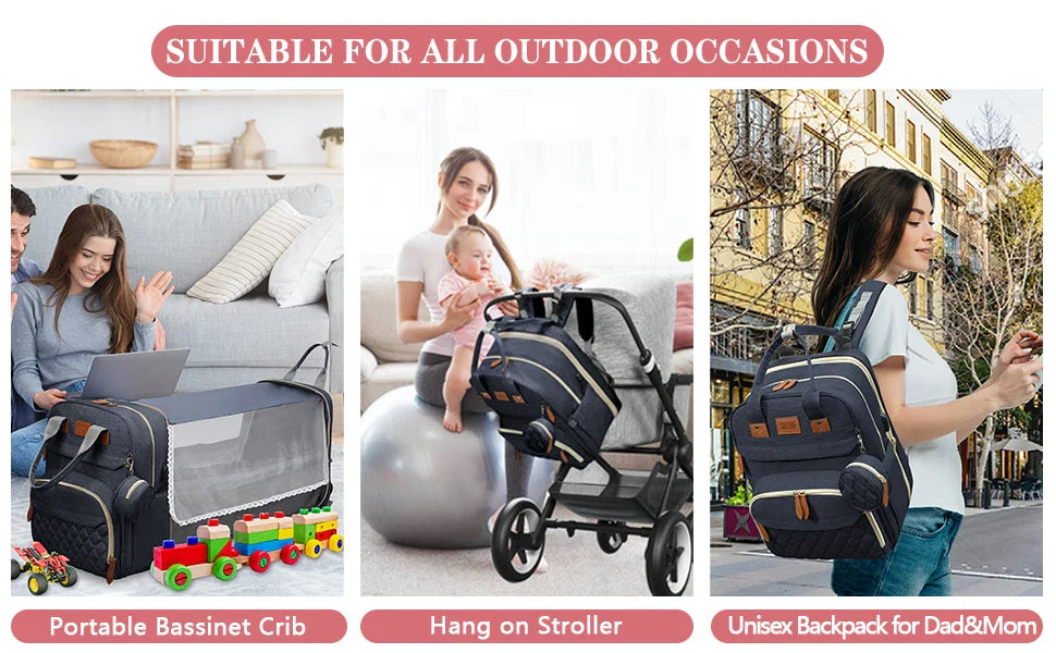 3-in-1 Diaper Bag Backpack – Waterproof Travel Bag with Foldable Baby Bed & USB Charging