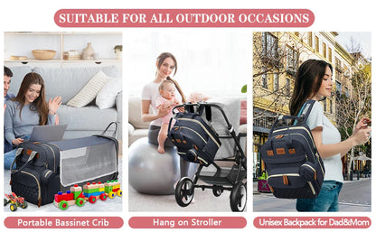 3-in-1 Diaper Bag Backpack – Waterproof Travel Bag with Foldable Baby Bed & USB Charging