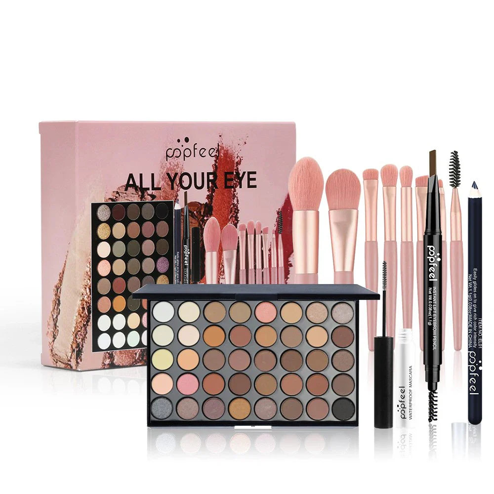 POPFEEL 40-Color Eyeshadow Palette & Eye Makeup Kit — Eyebrow Pencil, Eyeliner, Mascara + Brushes