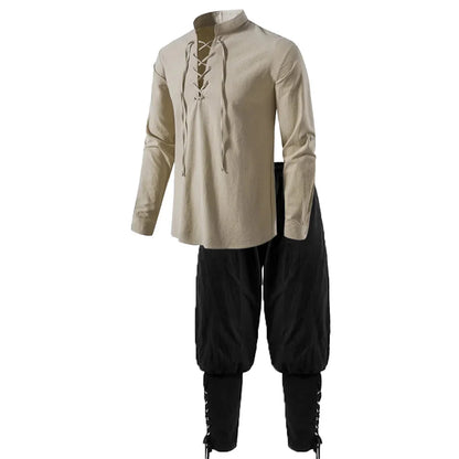 Men's Medieval Knight Costume Set – Renaissance Pirate Shirt & Ankle Pants Halloween Cosplay in Cotton Linen