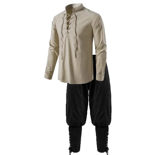 Men's Medieval Knight Costume Set – Renaissance Pirate Shirt & Ankle Pants Halloween Cosplay in Cotton Linen