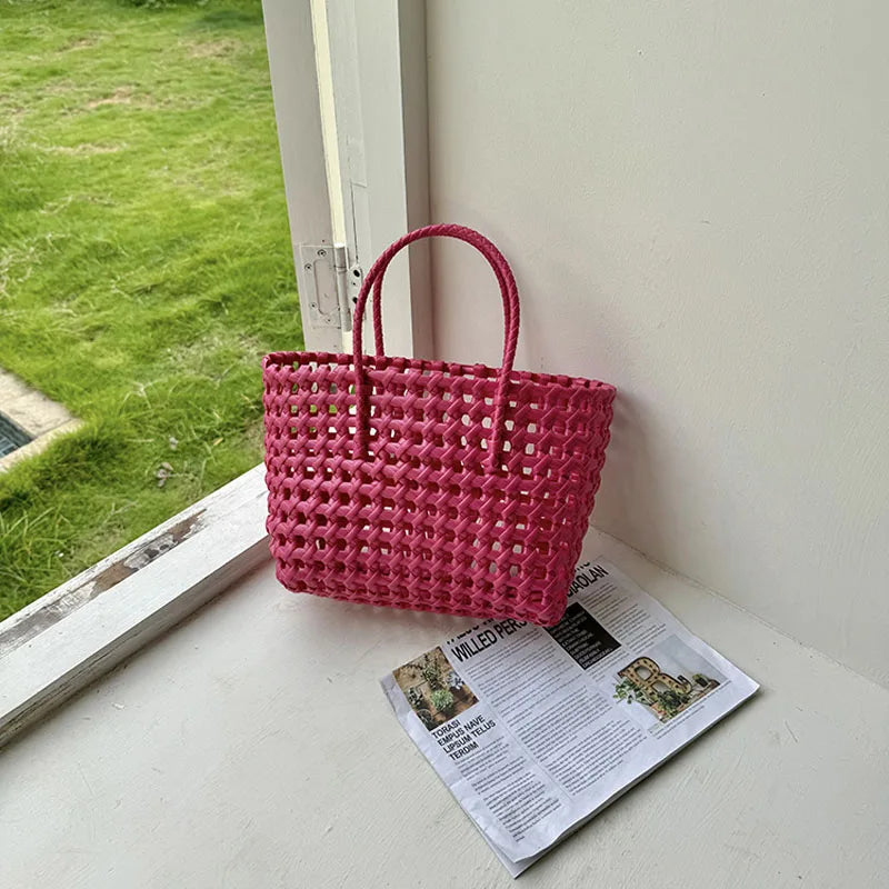 Hylhexyr Handheld Woven Shoulder Bag – PVC Tote for Vegetables, Beach, Picnic & Vacation, Women’s Handbag