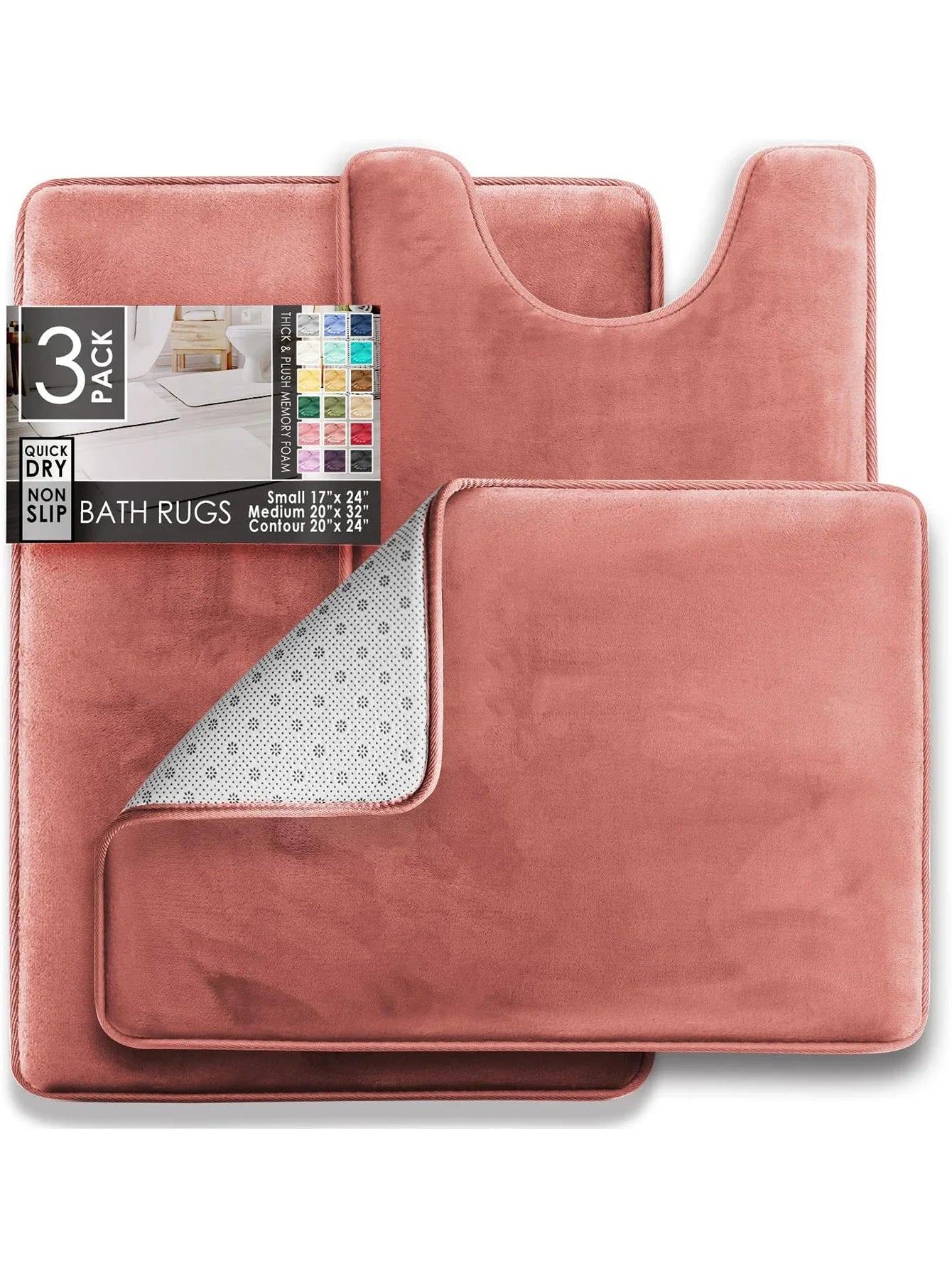 3PC Velvet Memory Foam Bathroom Rug Set - Ultra Soft, Non-Slip, Quick-Dry Machine Washable Bath Mats