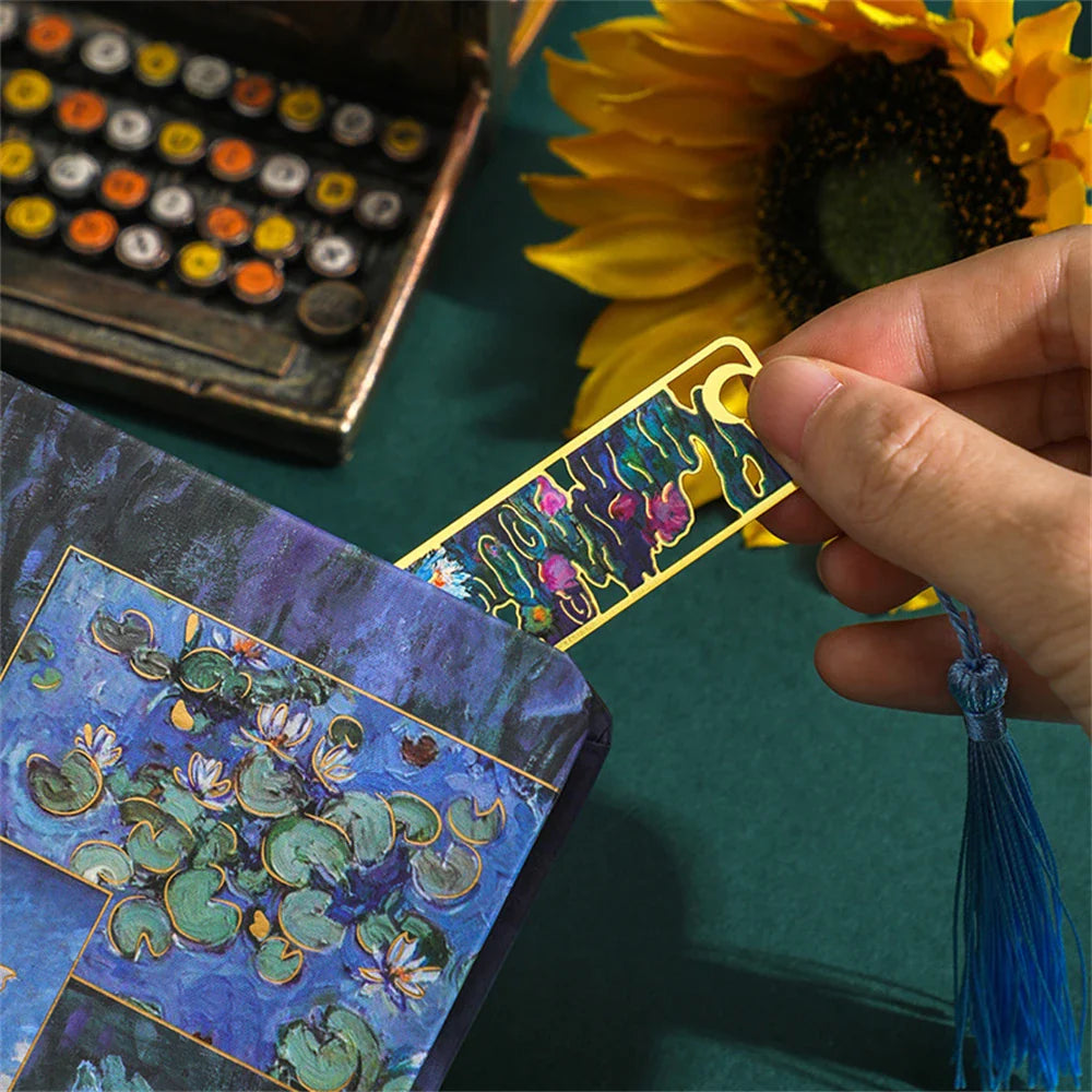 Chinese Style Metal Sunflower Hollow Bookmark: Creative Painted Book Holder with Tassel Pendant - Kids' Stationery for School & Office Supplies