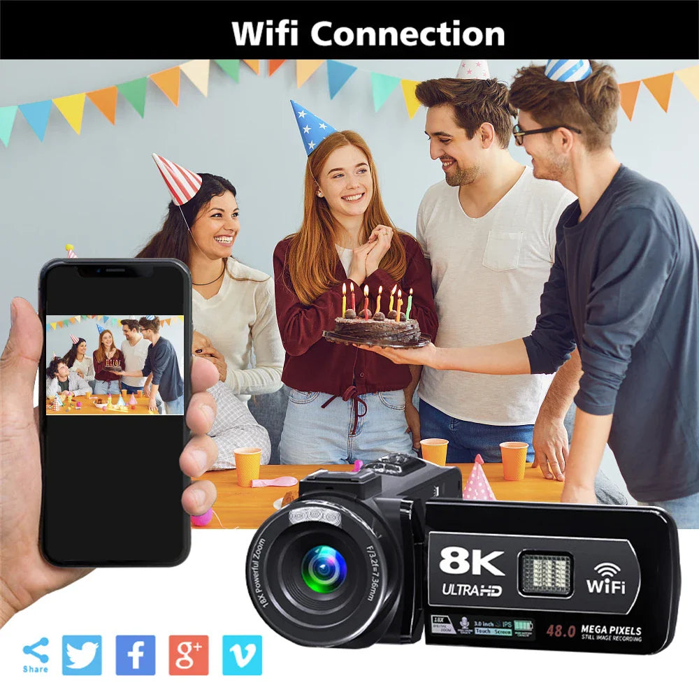 8K Digital Video Camera – 64MP Professional Recorder with 18X Digital Zoom, 3-Inch LCD Touch Screen Camcorder
