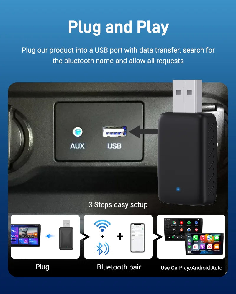2025 2-in-1 Wired to Wireless CarPlay Adapter – Android Auto Smart Box, Plug & Play, Universal with OTA Update