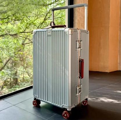 Aluminum Frame Rolling Luggage — Wide Handlebar Trolley Suitcase with Colorful Silent Spinner Wheels, TSA Lock & Large Capacity