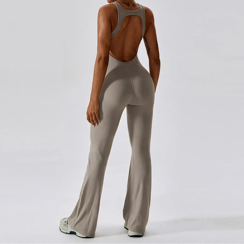 Flaunt Your Style: Sexy Back V Jumpsuit Gym Set - Women's Sportswear, Fitness Rompers for Stretch Workout Bodysuits