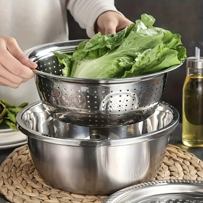 3-Piece Stainless Steel Kitchen Prep Set - Mixing Bowl & Multifunctional Vegetable Slicer for Fruits and Vegetables