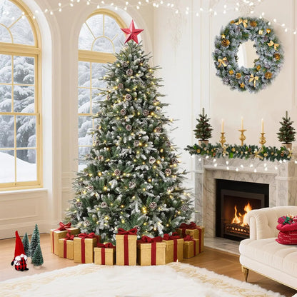 Pre-Lit Snow Flocked Christmas Tree with LED Lights & Pine Cones — 6ft/7.5ft/9ft Artificial Holiday Tree for Home Decor