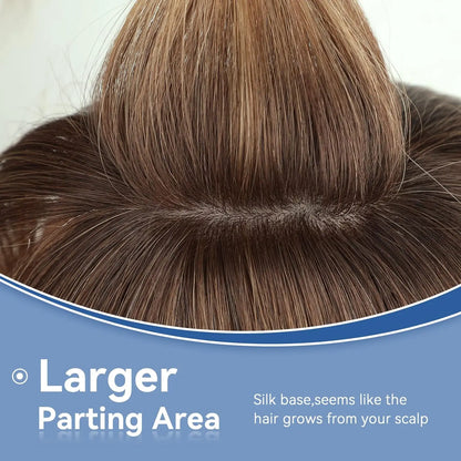 10" Brown Ombre Remy Human Hair Topper – Straight with Bangs, Silk Base, Clip-In Extension for Women