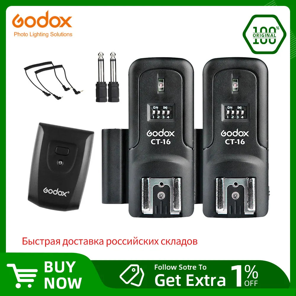 Godox CT-16 Wireless Radio Flash Trigger Set — 16 Channels Transmitter + 2 Receivers for Canon, Nikon, Pentax Speedlite
