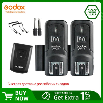Godox CT-16 Wireless Radio Flash Trigger Set — 16 Channels Transmitter + 2 Receivers for Canon, Nikon, Pentax Speedlite