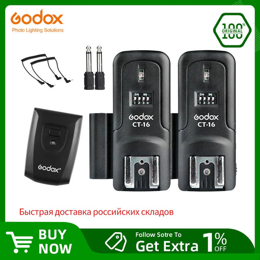 Godox CT-16 Wireless Radio Flash Trigger Set — 16 Channels Transmitter + 2 Receivers for Canon, Nikon, Pentax Speedlite