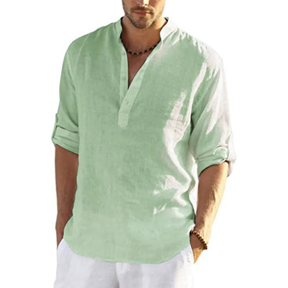 Men’s Cotton Linen Long Sleeve Casual Shirt Loose Fit Breathable Spring Autumn Buttonless Blouse Style Top Fashion Tee S-3XL
