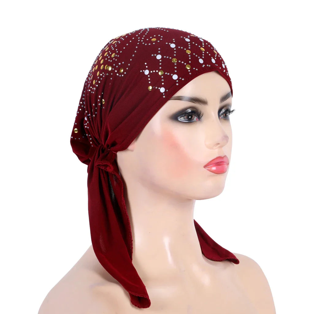 H089 Women’s Turban Hijab – Fashion Gold Sequin Islamic Headscarf, Pull-On Amira Headwrap