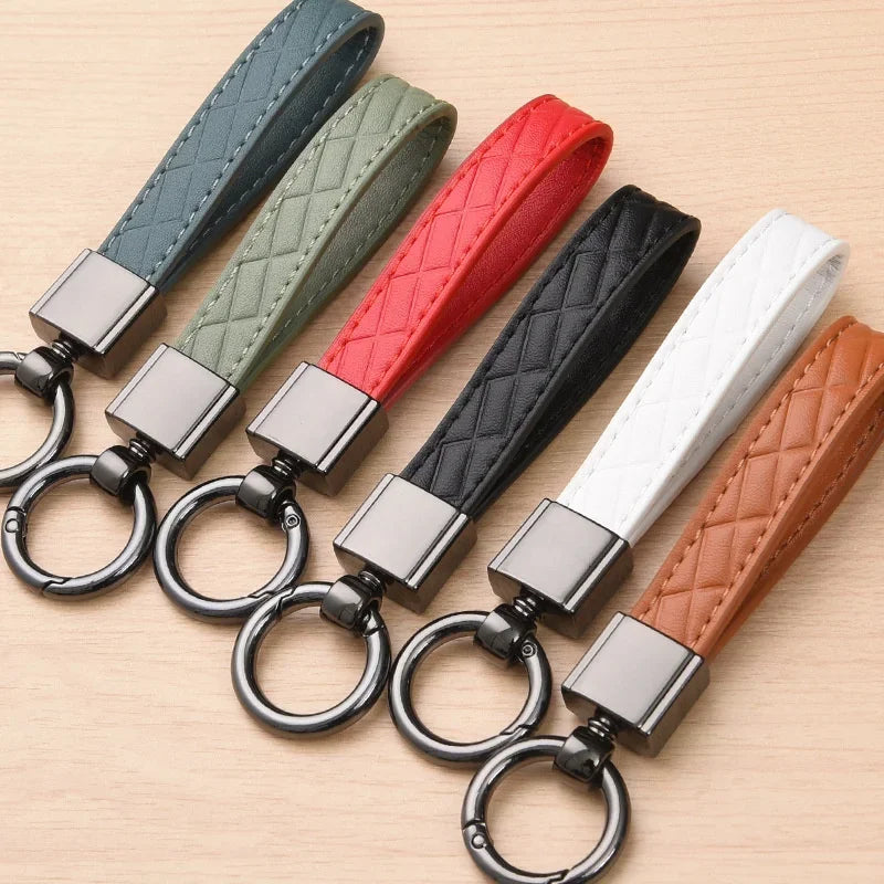 5-Color Genuine Leather Plaid Keychain – Luxury Black Buckle Car Key Ring for Men & Women, Gift for Friends