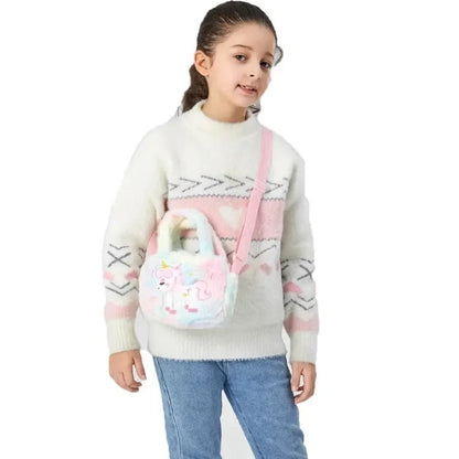 Kids' Embroidery Unicorn Plush Toy Purse – Rainbow Fluffy Crossbody Handbag for Little Girls | Cute Cartoon Furry Shoulder Bag