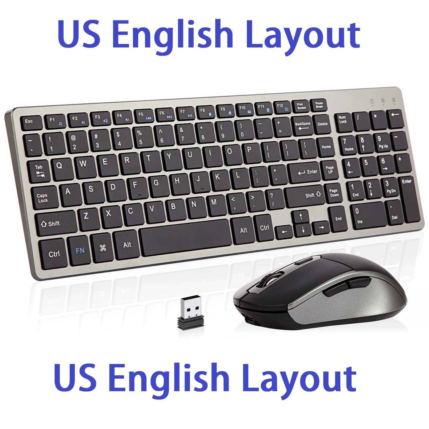 Wireless Keyboard and Mouse Combo – Rechargeable Slim Set with Russian, Hebrew, Korean, English Keycaps & Silent Mouse