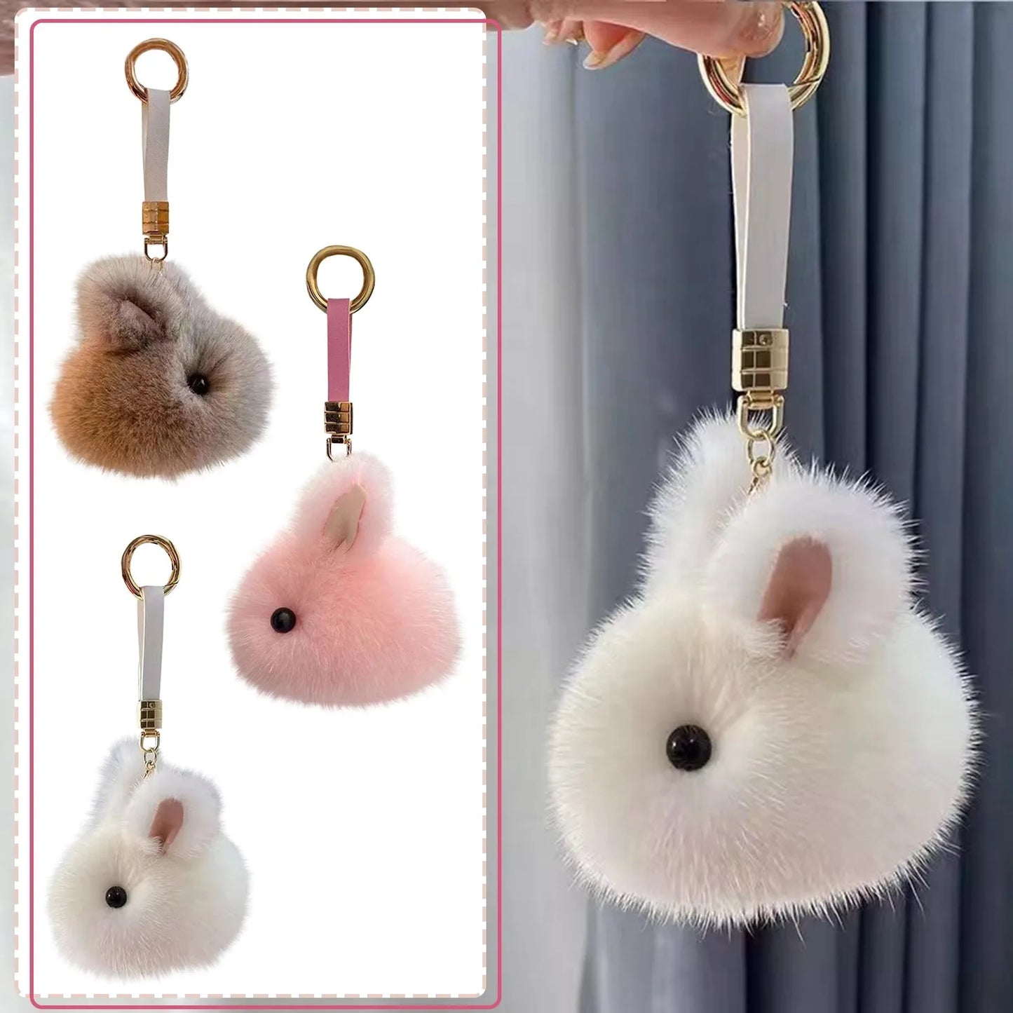 Fluffy Pompon Rabbit Keychain Rings – Cute Bunny Charm Bag & Car Key Pendant, White & Grey