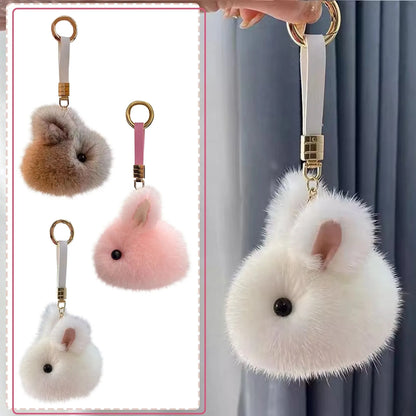 Fluffy Pompon Rabbit Keychain Rings – Cute Bunny Charm Bag & Car Key Pendant, White & Grey