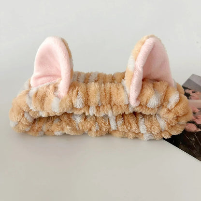 3PCS Cat Ear Plush Headband Set - Soft Face Washing Headband with Wrist Straps for Girls
