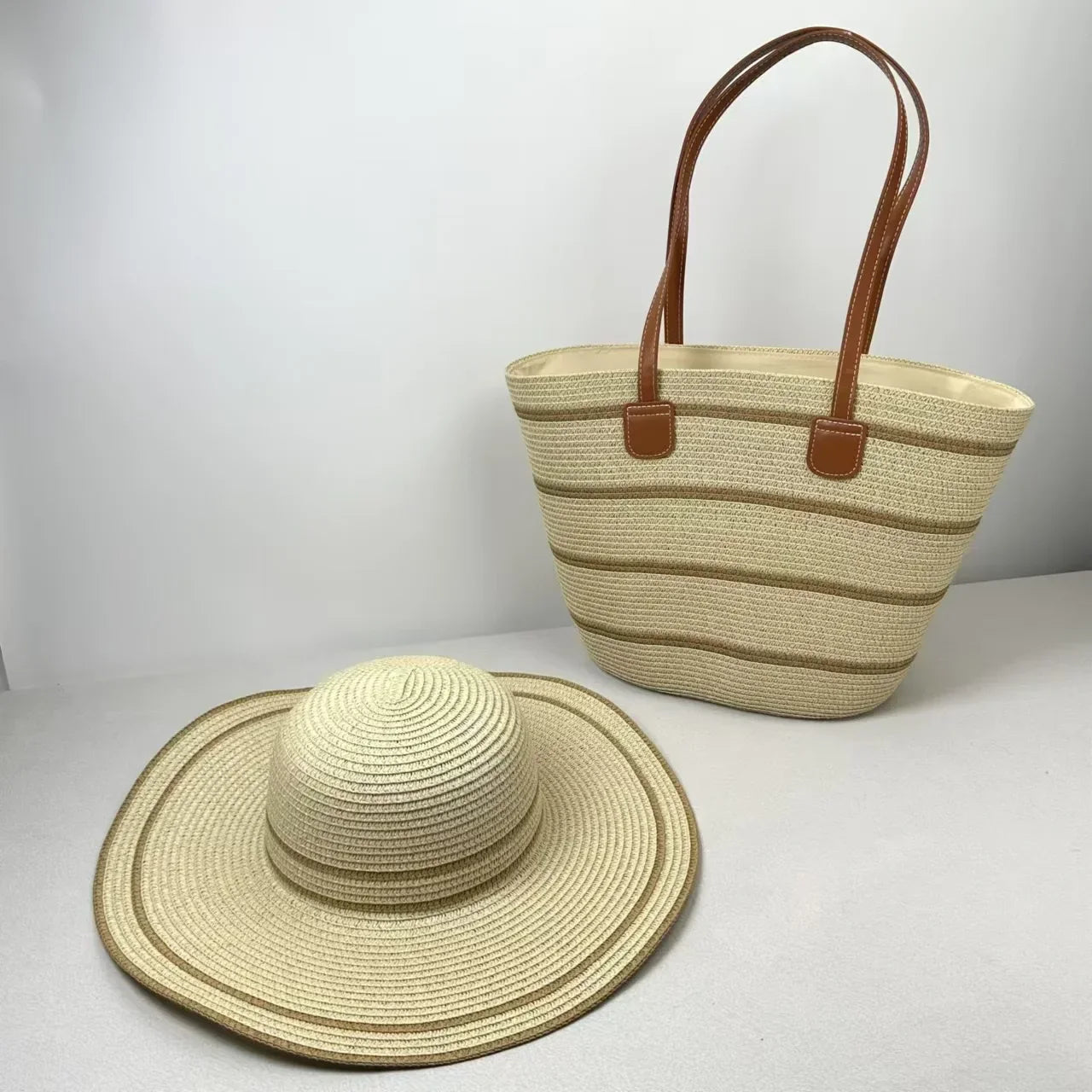 French Style Straw Handbag & Summer Beach Hat Set – Woven Bucket Bag with Fine Stripes