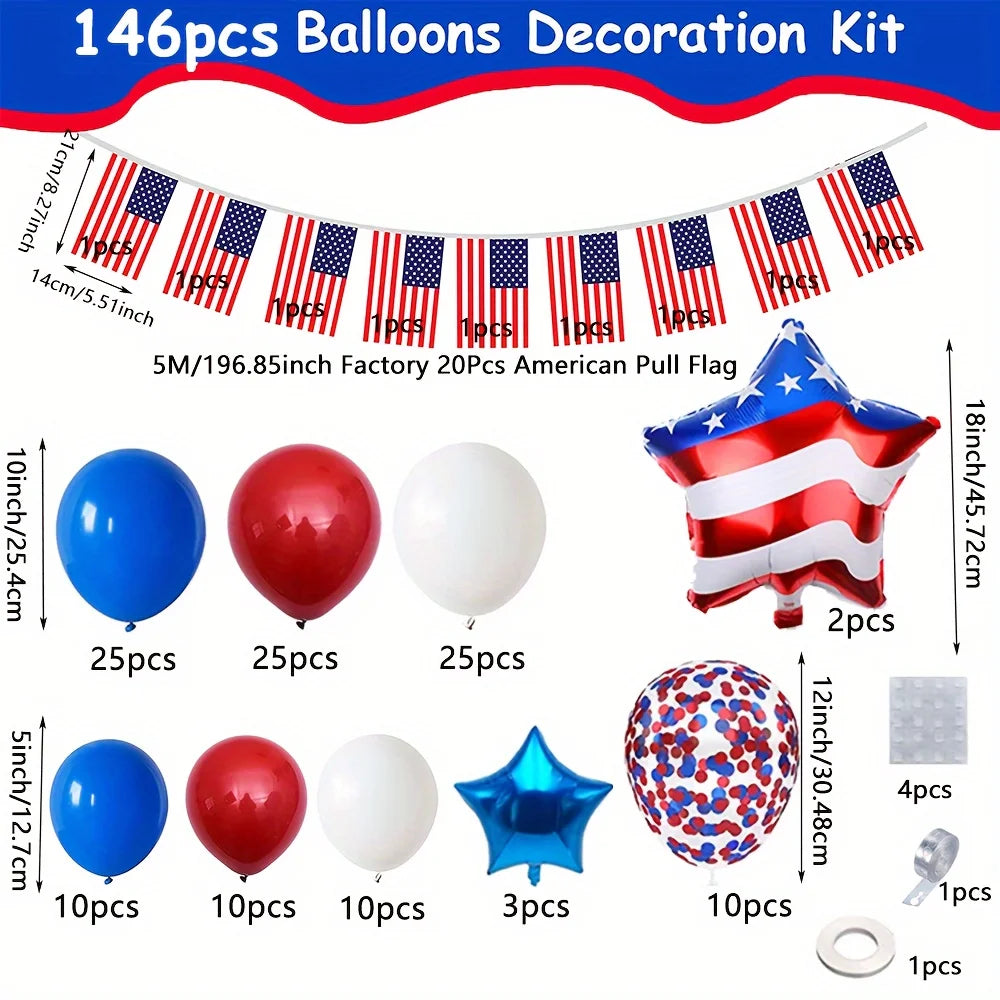 146PCS Independence Day Balloon Arch Set – Red, White & Blue American Flag Party Decoration for Patriotic Holiday Celebrations
