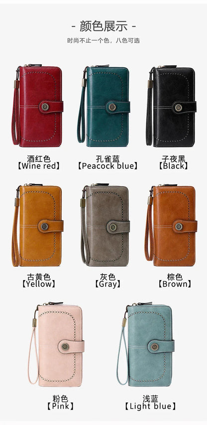 RFID Anti-Theft Retro Large Capacity Women's Wallet – Multi-Card Zipper Wallet with Wrist Strap