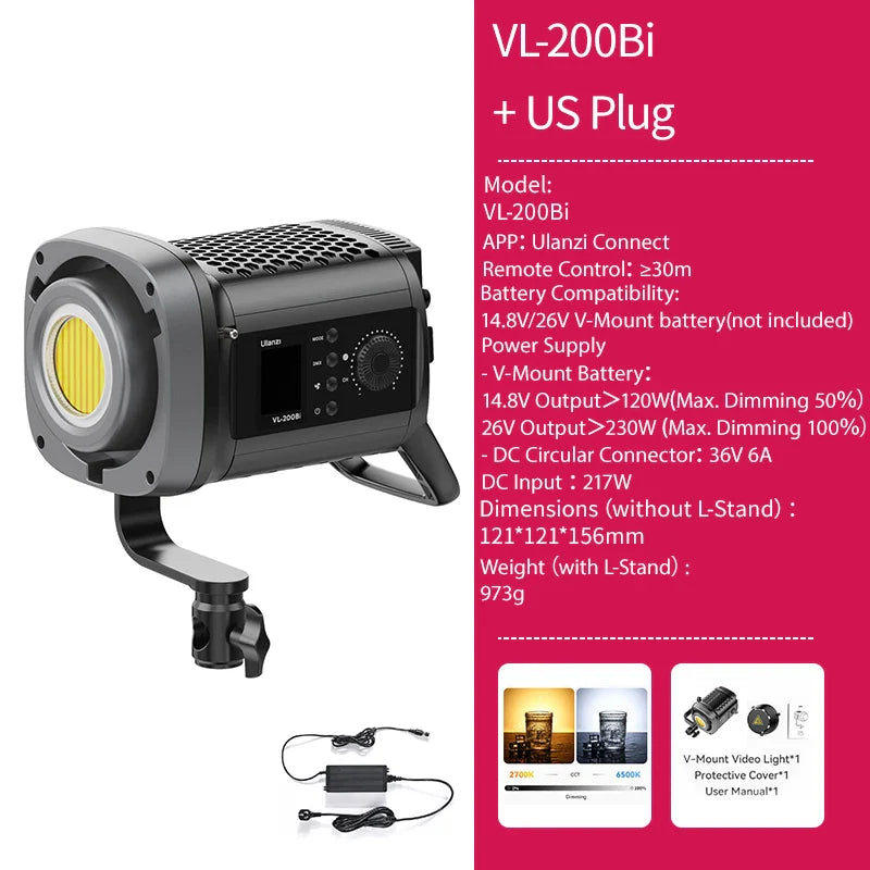 Ulanzi VL-120Bi VL-120C 120W V-Mount COB Light – Wireless APP Control, 2700K-6500K Video Light for Skit Video Photography