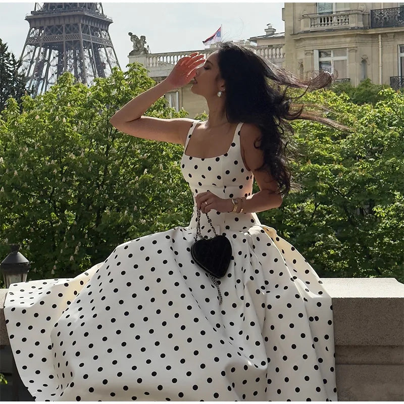 Elegant Women’s Polka Dot Maxi Dress – Chic Sleeveless Round Neck High Waist Slim Fit Vestido for Party & Street, 2025 New