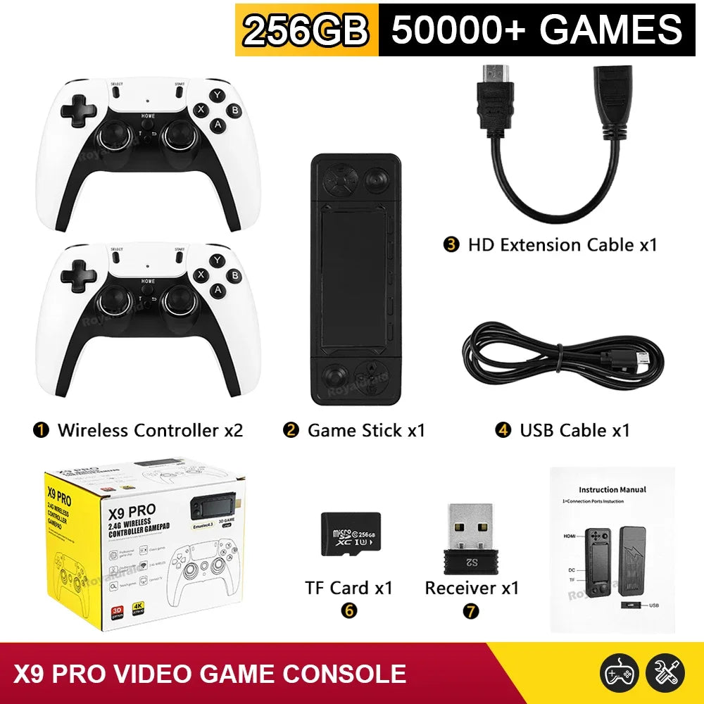 NEW 128GB X9 PRO Retro Game Console — TV Video Game Stick with 45+ Emulators for PS1, PSP, NDS, N64 & 40,000+ Games, 2.4G Dual Controllers