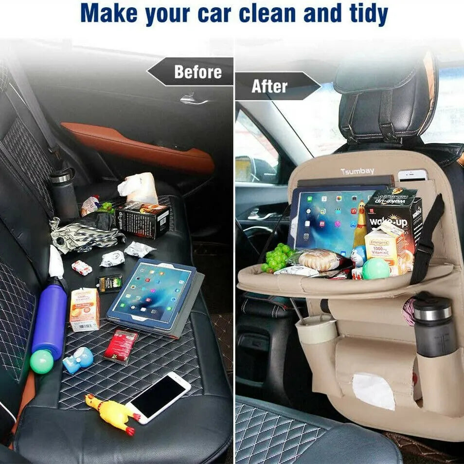 Car Seat Back Organizer with Foldable Table Tray – PU Leather Storage Organizer with Pockets & Kick Mats