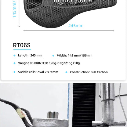 RYET Ultra Full Carbon 3D Printed Bike Saddle — 145mm Lightweight MTB Seat with High Modulus Carbon Fiber Base