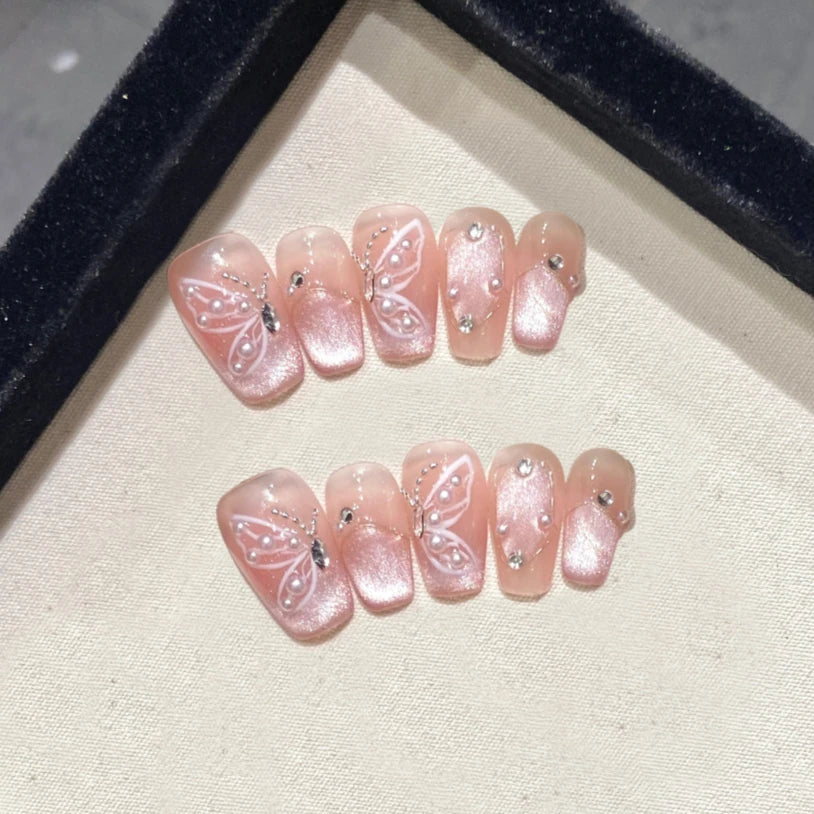 10Pcs Handmade Press-On Nails – Cute Flower & Butterfly Design with Glossy Diamond Full Cover Acrylic Tips