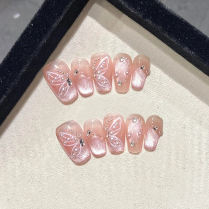 10Pcs Handmade Press-On Nails – Cute Flower & Butterfly Design with Glossy Diamond Full Cover Acrylic Tips