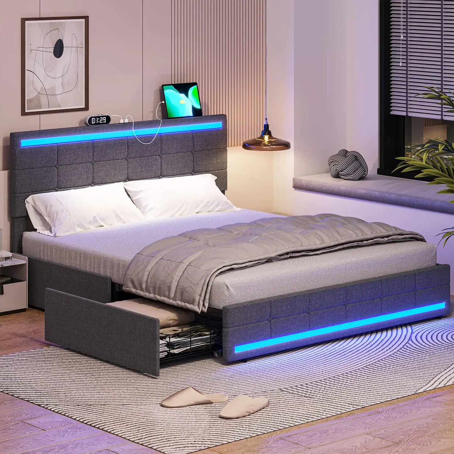 LED Full Size Bed Frame – Upholstered Platform Bed with Light-Up Headboard & Footboard, Square Stitched Tufted Design