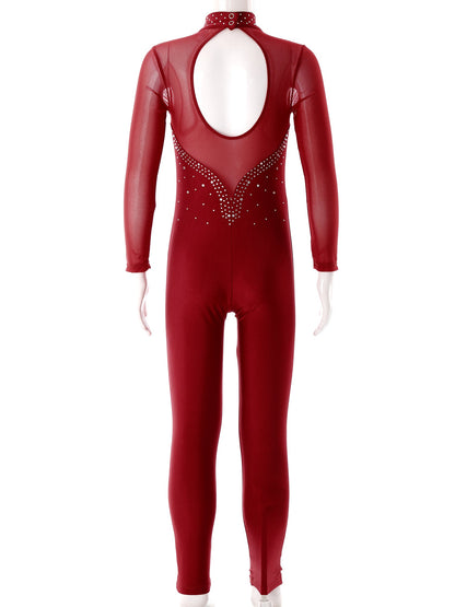 Kids Girls Long Sleeve Rhinestone Bodysuit — Full Body Dancewear Gymnastics Leotard Skating Jumpsuit
