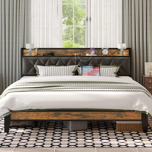 ANCTOR Bed Frame – Twin to California King Sizes, Storage Headboard with Outlets, No Noise, No Box Spring Needed