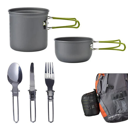Portable Camping Cookware Set: Outdoor Pot and Mini Gas Stove Kit with Foldable Spoon, Fork, and Knife - Ideal for Nature Hike Picnics