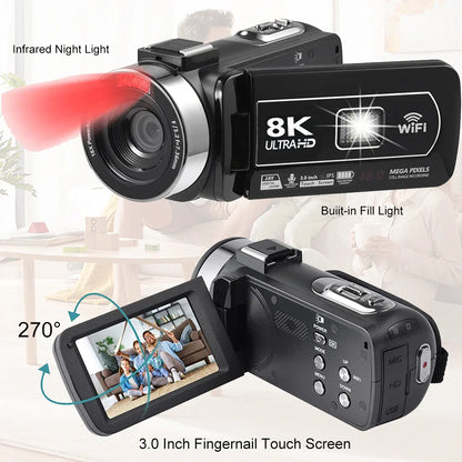 8K Digital Video Camera – 64MP Professional Recorder with 18X Digital Zoom, 3-Inch LCD Touch Screen Camcorder