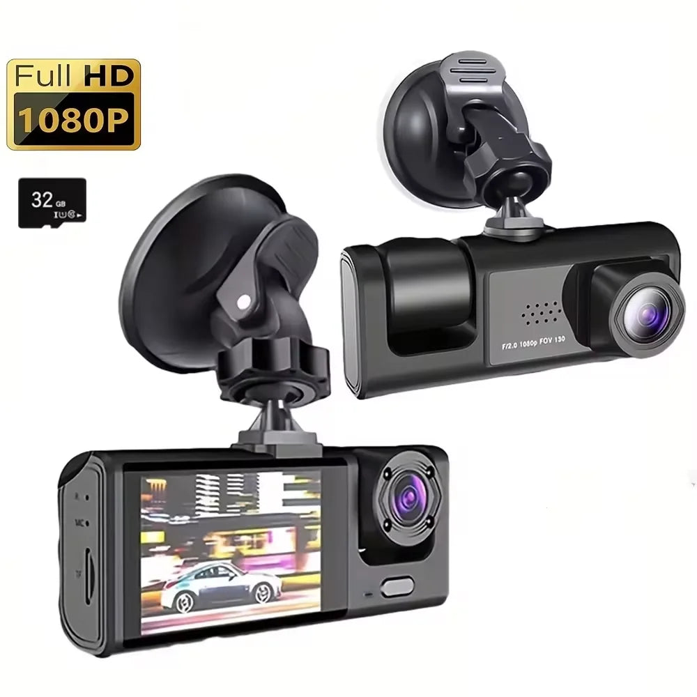 1080P 3-Channel Dash Cam - IR Night Vision, Loop Recording & 2-Inch IPS Screen DVR