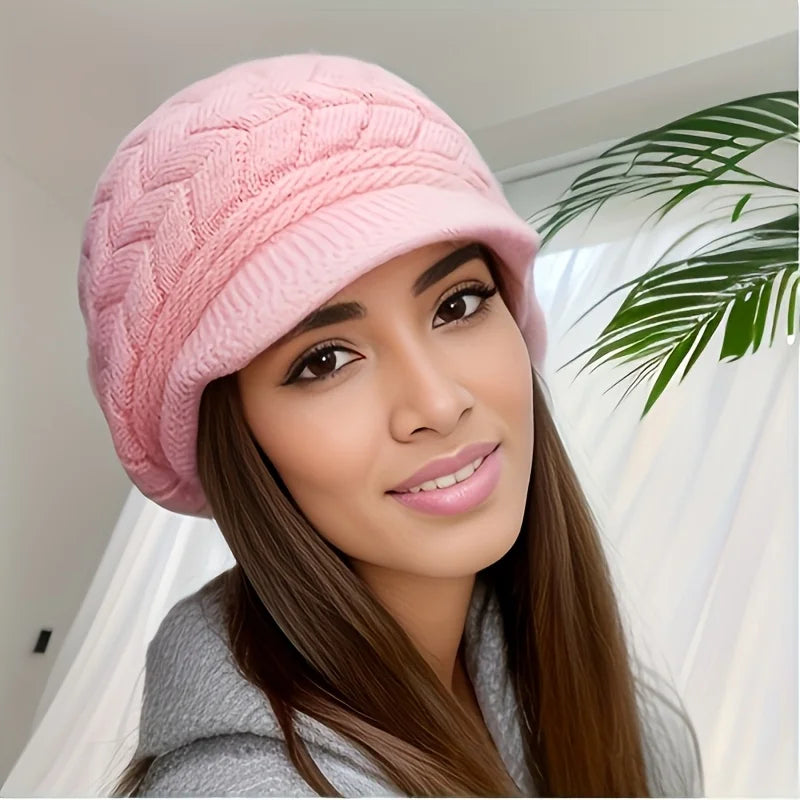 Retro Women’s Winter Knitted Cap — Warm Cold Weather Hat with Sun Visor for Running, Camping, Walking, and Skiing