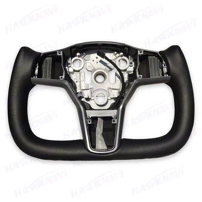 Hawknavi 350mm Yoke Steering Wheel – Leather Racing Style for Tesla Model 3 & Model Y, Heated Optional, White & Black