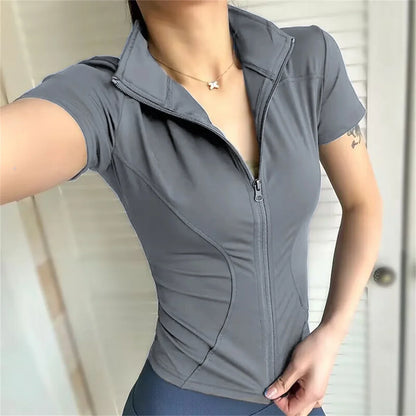Women’s Casual Slim Fit Short Sleeve Sports Jacket – Zipper Yoga, Running & Cycling Activewear Top for Summer Workout Outfit