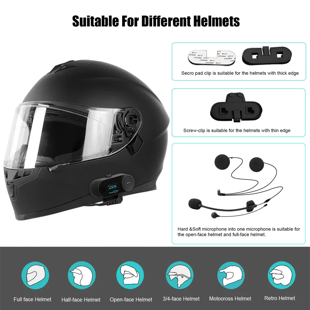 FreedConn Bluetooth Motorcycle Intercom Helmet Headset - Wireless Motorbike Interphone with LCD Screen & FM Earphone