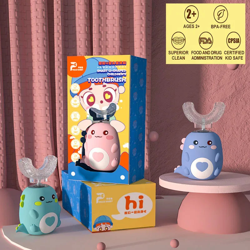 360-Degree Smart U-Shaped Electric Toothbrush for Children - Cartoon Kids Silicone Toothbrush, Automatic Rechargeable Sonic Toothbrush