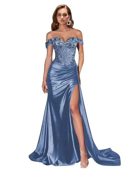 Women’s Dark Navy Off-Shoulder Prom Dress — Sweetheart Beaded Lace Corset Evening Gown with High Side Slit 2025